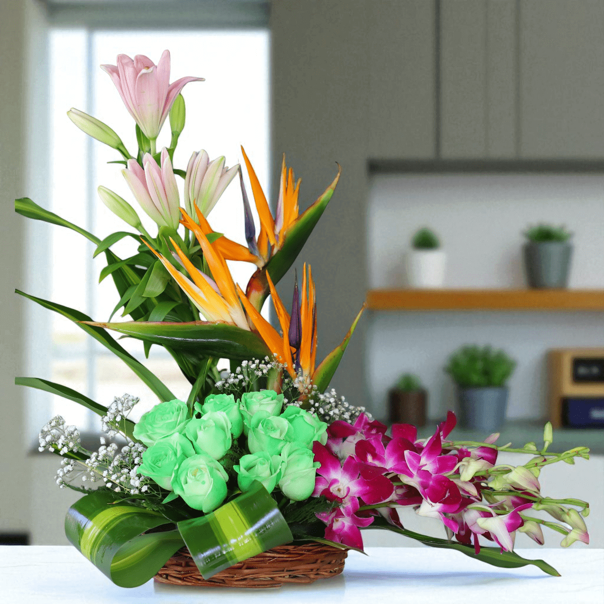 IMG_2507 (2) Exotic mixed flower basket arrangement with lilies, orchids, bird of paradise & green roses