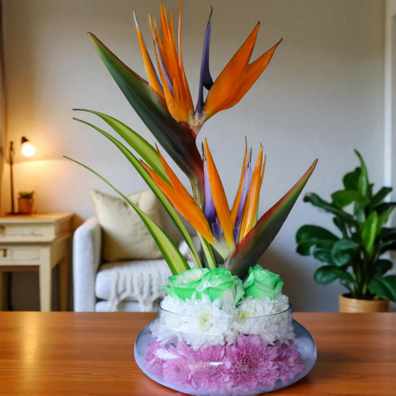 Bird of paradise flower vase arrangement with daisies and layered design