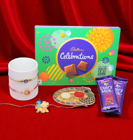 Evil Eye for protection, Ganpati designer Rakhi for personal touch, and a Krishna kid Rakhi for fun. Paired with a delicious Cadbury Celebrations box - YHOJA.COM