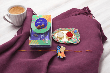 Kid Rakhi paired with everyone's favorite Cadbury Celebrations mini chocolate box.