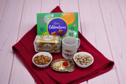 Rakhi gift combo with Ferrero Rocher, dry fruits and celebration box