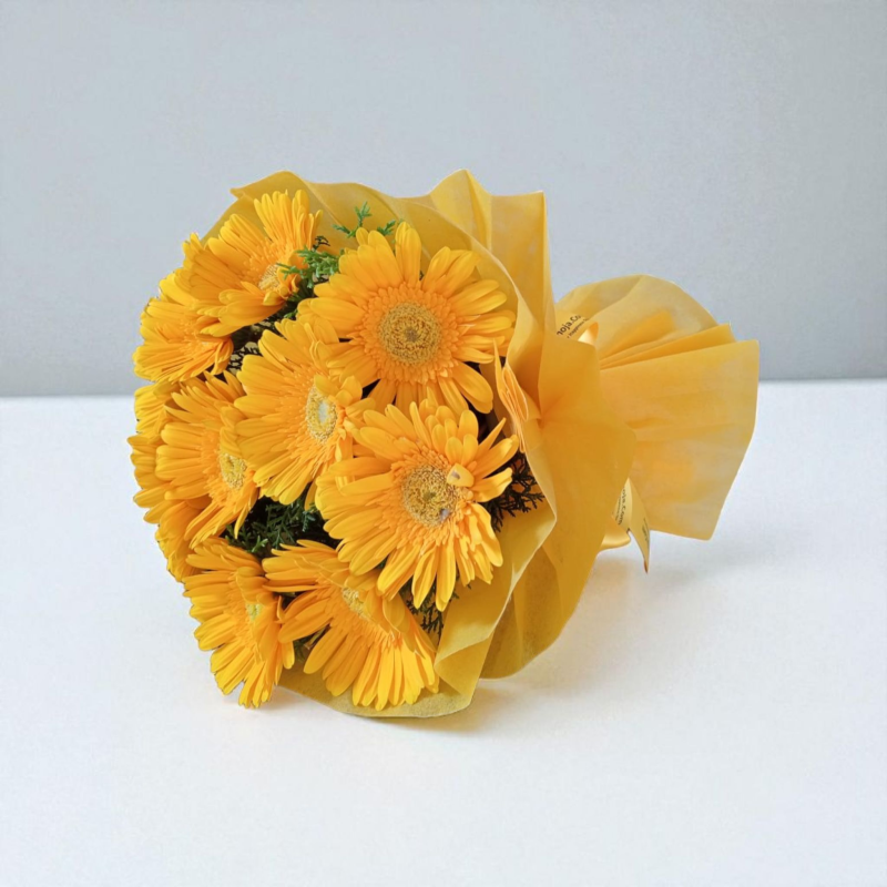 10 Yellow Gerbera Bunch wrapped in yellow paper with ribbon bow – YHOJA