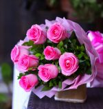 8 pink roses bouquet in pink paper wrapping with ribbon bow – YHOJA.COM fresh flower gift