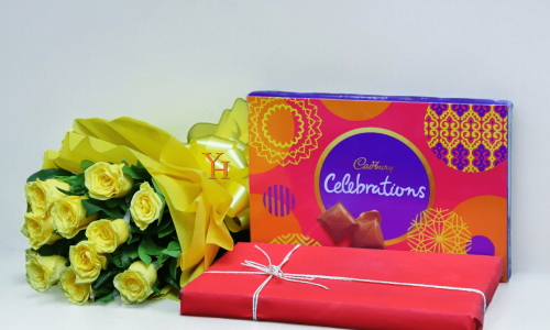 10 yellow roses bouquet with Cadbury Celebration chocolate box gift – YHOJA.COM combo